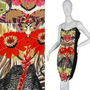 COREY Sleeveless Bodycon Sheath Dress in Tropical Jaguar Floral Print, Size 6